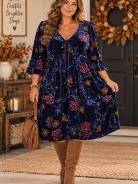 Love & Legend Size 18 Navy Floral Velvet Midi Dress Boho Fall